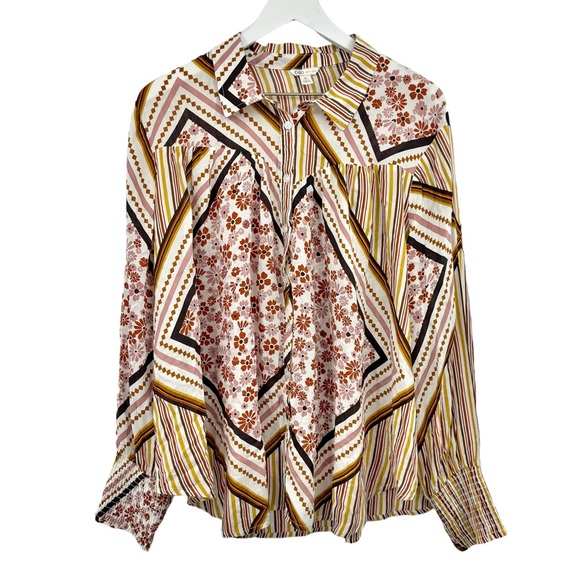 Cato Tops - Cato Bohemian Mixed Print Button Up Blouse Shirred Cuffs Size XL